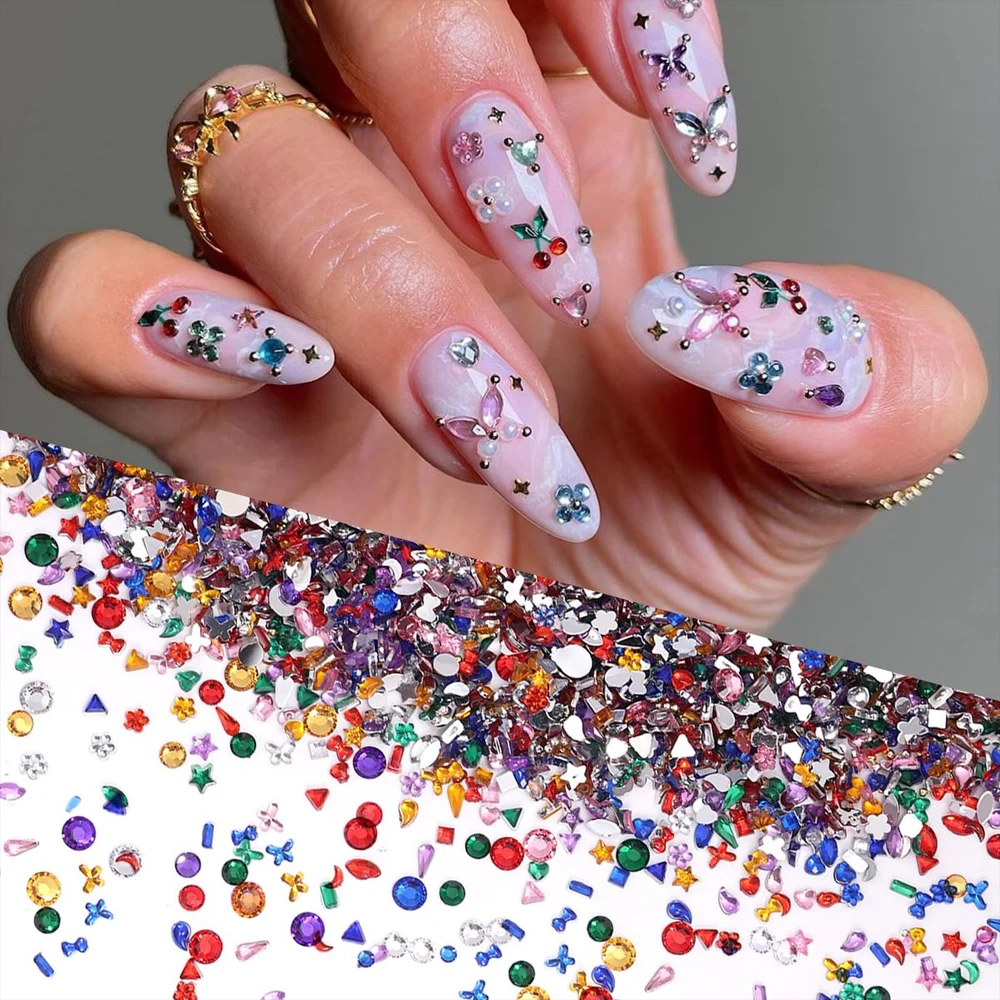 6000pcs Mini Color Multi Shapes Crystal Flatback Nail Gems 24grid Irregular Nail Rhinestones 3D Star Heart Flower Nail Charms