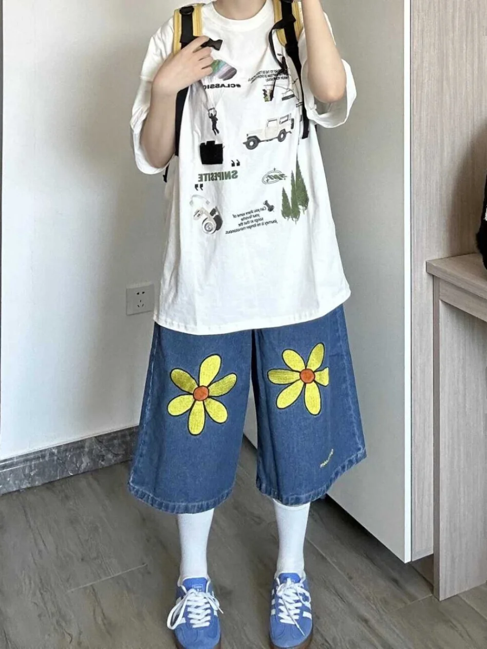 

American Retro Print Seven-Foot Pants Women Summer Straight Casual Jeans Shorts for Pear Shaped Body Trendy Deep And Light Co...