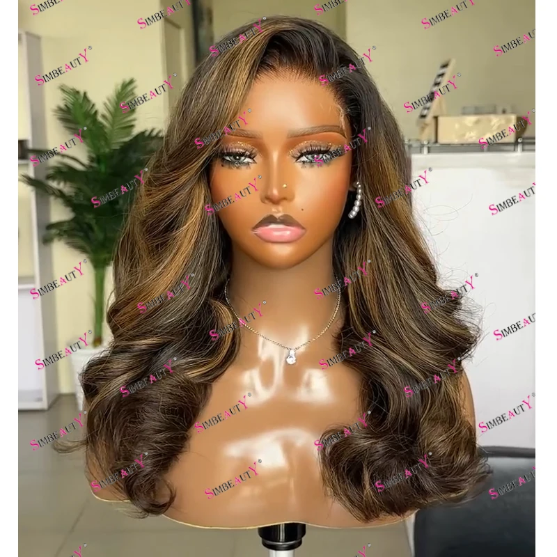 Pre Plucked Side Part Slightly Wavy 100% Human Hair Highlight Brown Blonde 13x6 Lace Front Wigs for Black Women Transparent Lace