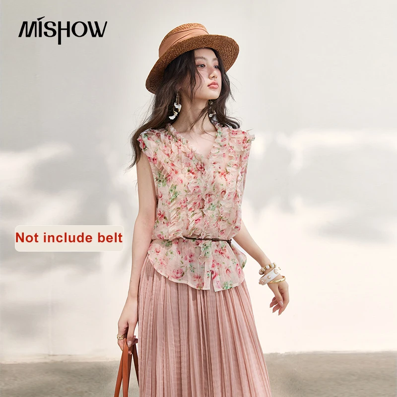 MISHOW Women's Floral Print Blouse 2026 Summer French V Neck Ruffle Sleeveless Blouses Loose Slim Sweet Casual Top MXF28X2735