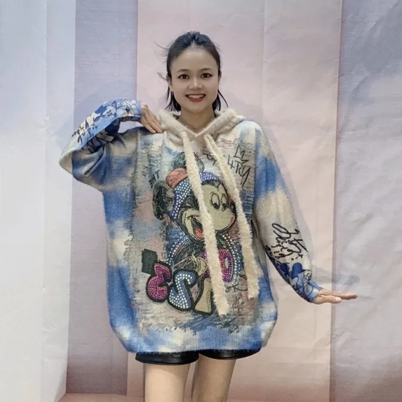 Korean Style Medium-Length Idle Style Hooded Sweater With Heavy Embroidery Trendy Women's Autumn Cartoon Pattern Knit Top