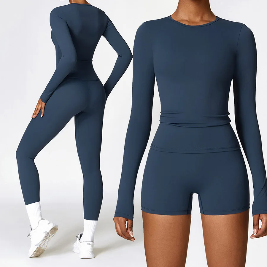 

Рубашка с длинным рукавом Спортивная спортивная одежда Женский костюм для фитнеса и йоги Укороченный топ с высокой талией Леггинсы для спортзала с короткими рукавами Комплект из 2 предметов Одежда для йоги