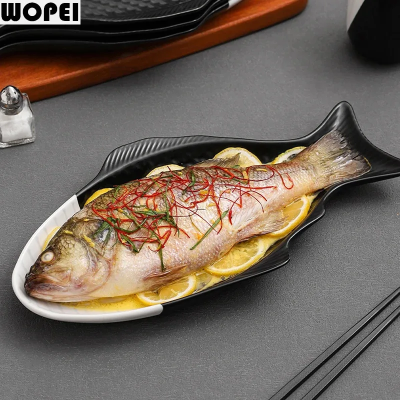 Black White Ceramic Fish Plate Creative Steamed Fish Plate Dessert Plate Serving Plates Restaurant Molecular Cuisine Tableware