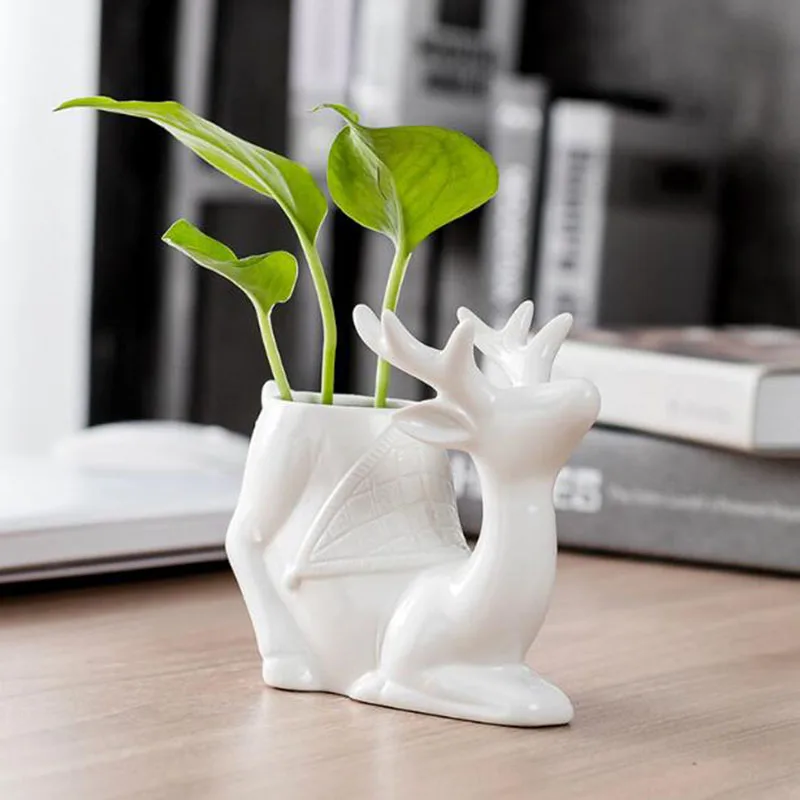 Creative Cartoon White Porcelain Hydroponic Flowerpot Personality Deer Plant Pot Office Desktop Ornaments Garden Art
