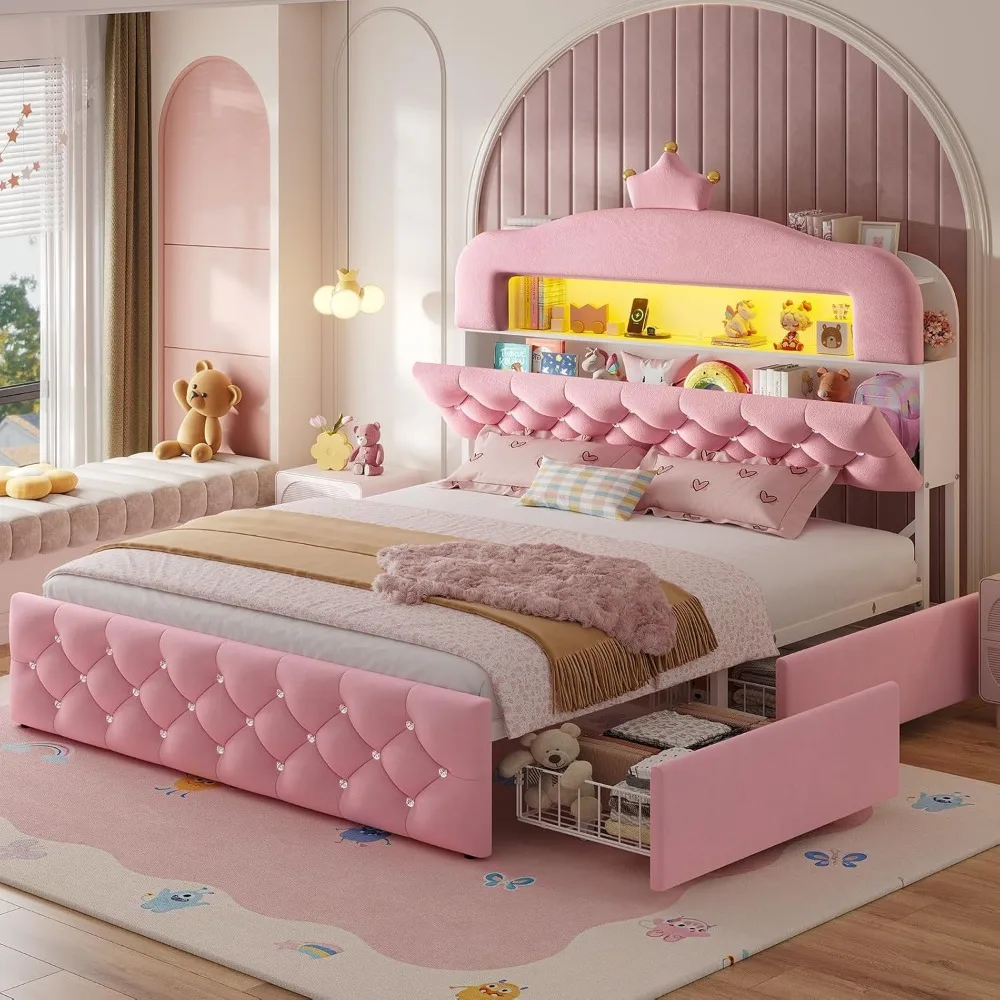 إطار سرير LED منجد بالكامل من ADORNEVE مع 4 أدراج تخزين وخزانة كتب للتخزين بطبقتين، سرير بمنصة الأميرة المخملية للأطفال/ #1