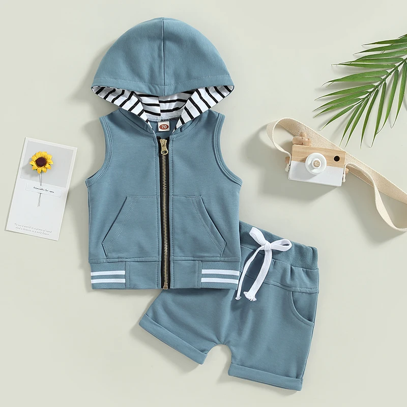 2023-02-04 Lioraitiin 0-3Years Toddler Boys 2Pcs Summer Outfit Sets Sleeveless Zipper Hoodie Solid Drawstring Shorts