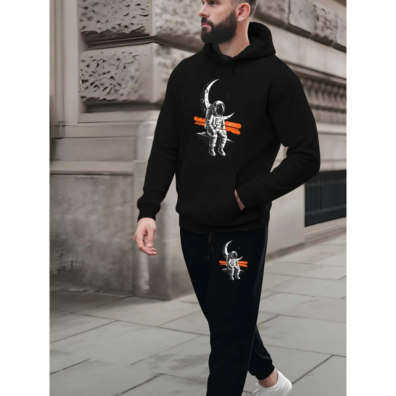 

Space Astronaut Stars And Moon Autumn/Winter Hoodie Set，New Men'S Trendy Printed Sweatshirt，Men'S Casual Sports Top