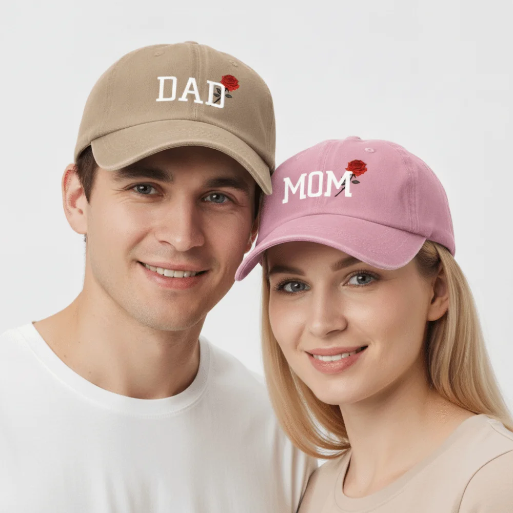 Vintage Washed Cotton Mom Dad Rose Printed Cap Adjustable Classic Couple Cap Baseball Hats For Man Women