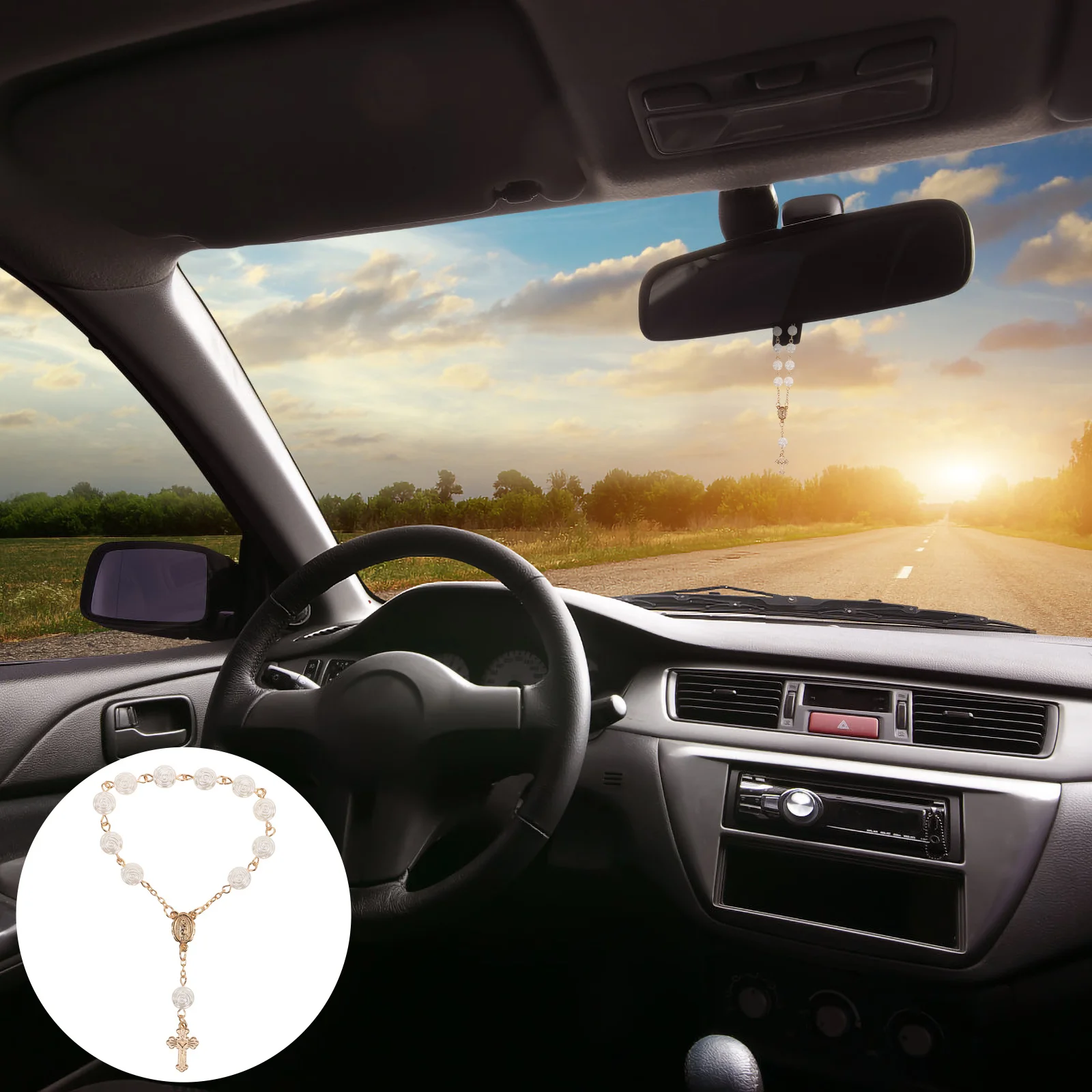 

2Pcs Cross Pendant Car Rearview Mirror Accessory Rose Bead Hanging Cross Charm Car Interior Decoration Rearview Mirror Charm