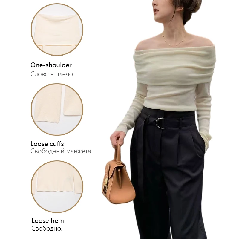 Fashion Knitted Sweater Strapless Pleated Off Shoulder Long Sleeve Womens Knit Top A Must Have Casual Item For Spring And Autumn