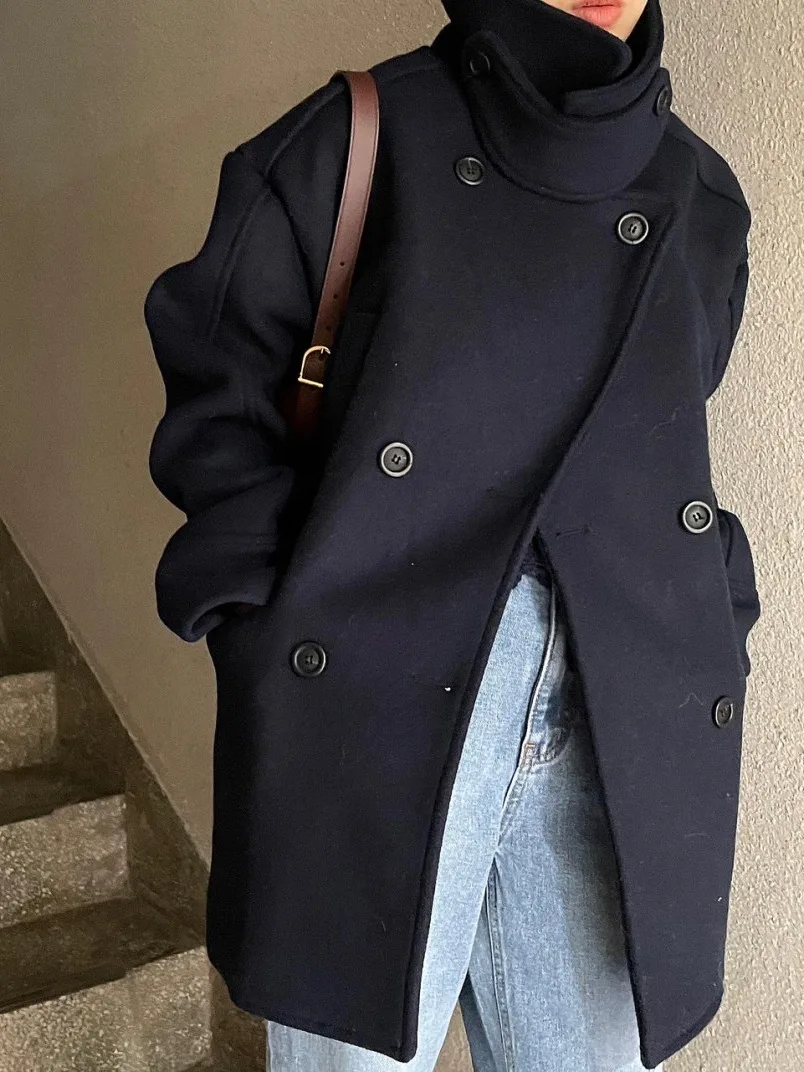 

Высококачественное твидовое пальто в стиле ретро с воротником-стойкой и двойной пуговицей, женский свободный топ с двойными четырьками, новый зимний слей