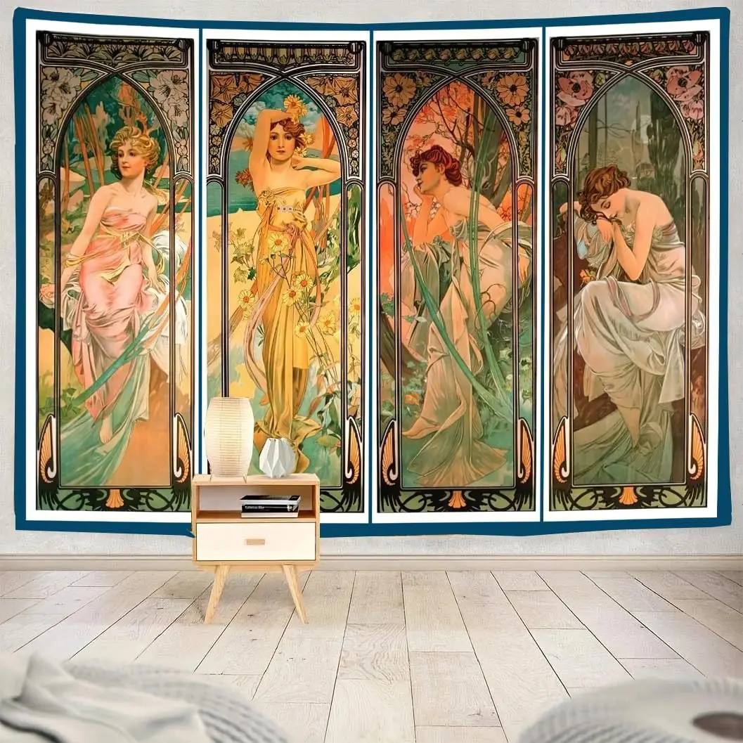 Art Nouveau Four Seasons Women Tapestry – Vintage Alphonse Mucha Style Wall Art for Bedroom, Living Room or Dorm Decor