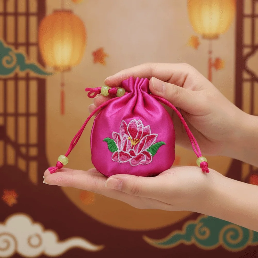 Lotus Embroidery Embroidered Sachet Silk Satin Beads Lotus Drawstring Bag Neck Strap Empty Pouch Vintage Chinese Pouch