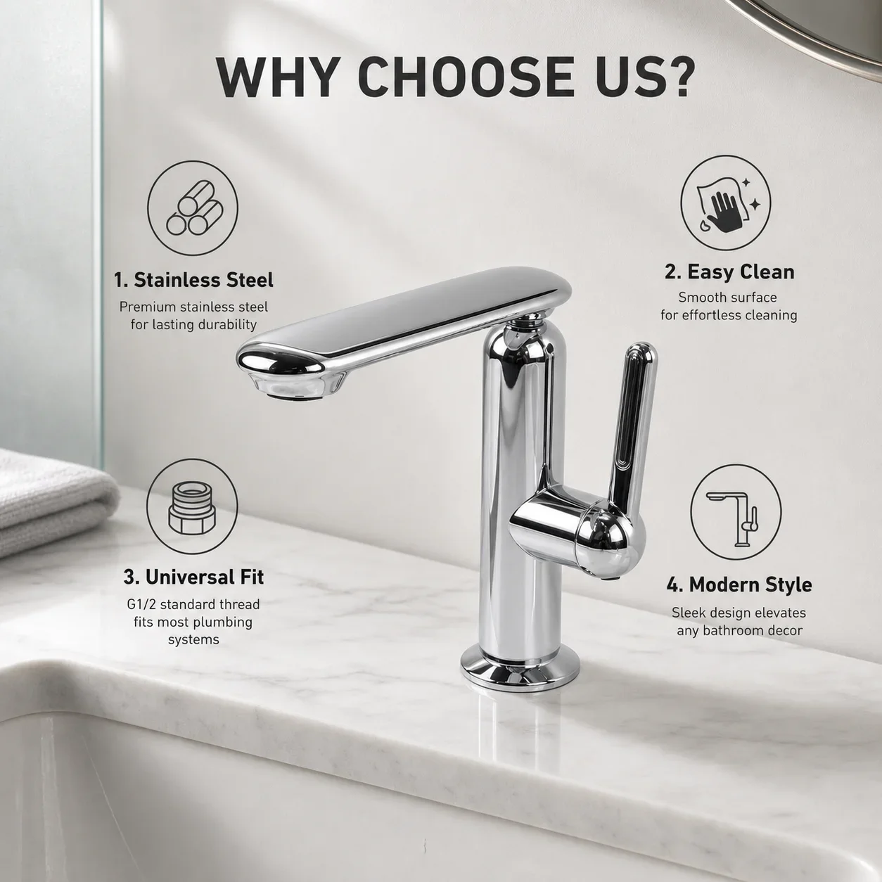 Mirror chrome plated basin faucet, stainless steel body, modern and simple bathroom sink, hot and cold faucet, basin faucet