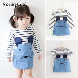 Kids Dresses for Girls Elegant Long Sleeve Princess Dress Stripe Patchwork Denim Cloth 2 3 4 6 8 Years Girl Summer Clothing