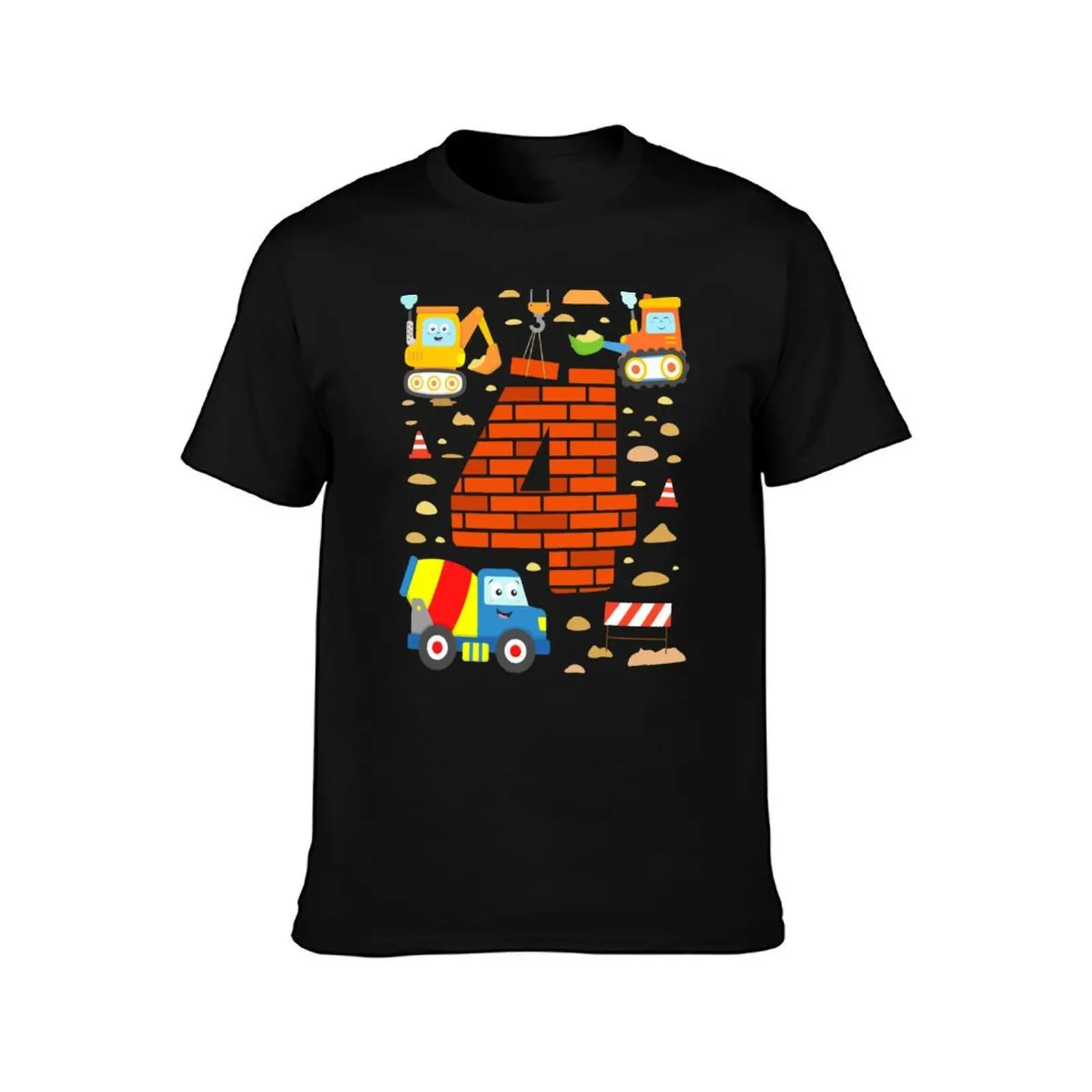 Birthday 4 Years Construction Vehicles Excavator Cement Truck T-Shirt Festive Simple T-Shirt