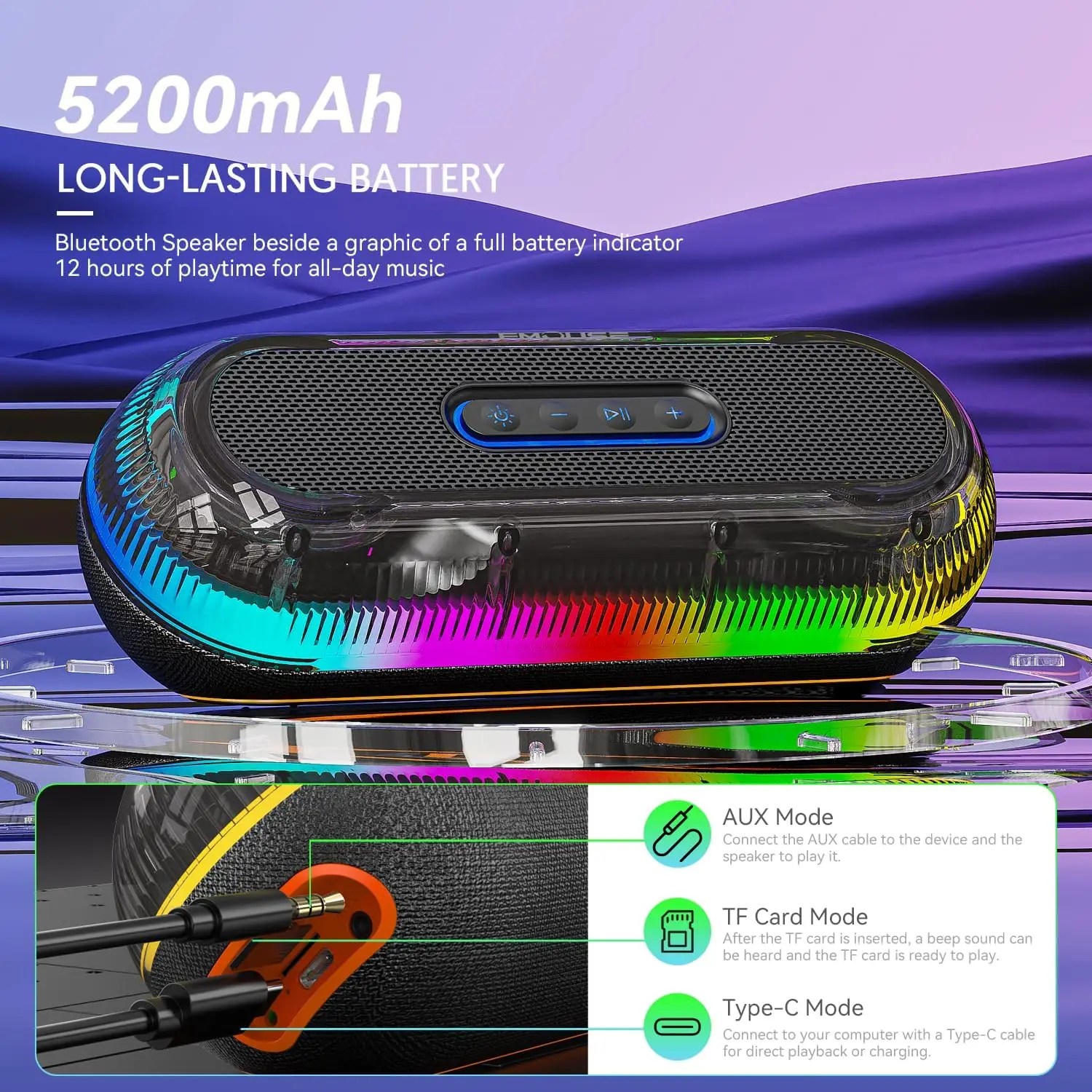 

40W Mini Transparent Bluetooth Speaker RGB Lamp Wireless Card Subwoofer TWS Series Home Computer Desktop Double Horn Loudspeaker