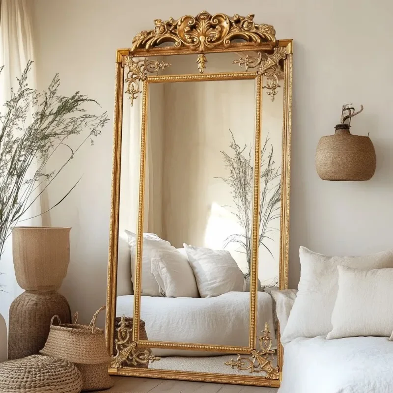 

【Best-selling】French Retro Mirror Baroque Wooden Decorative Home Wooden Mirror Large Wall Floor Thinner Golden Ornate Mirror