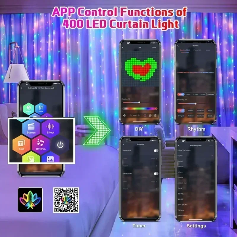 400 LED Bluetooth App Akıllı Perde Işıkları Dize RGB Peri Işıkları Müzik Değişimi Ekran Pencere Yatak Odası Ev Dekor Işıkları