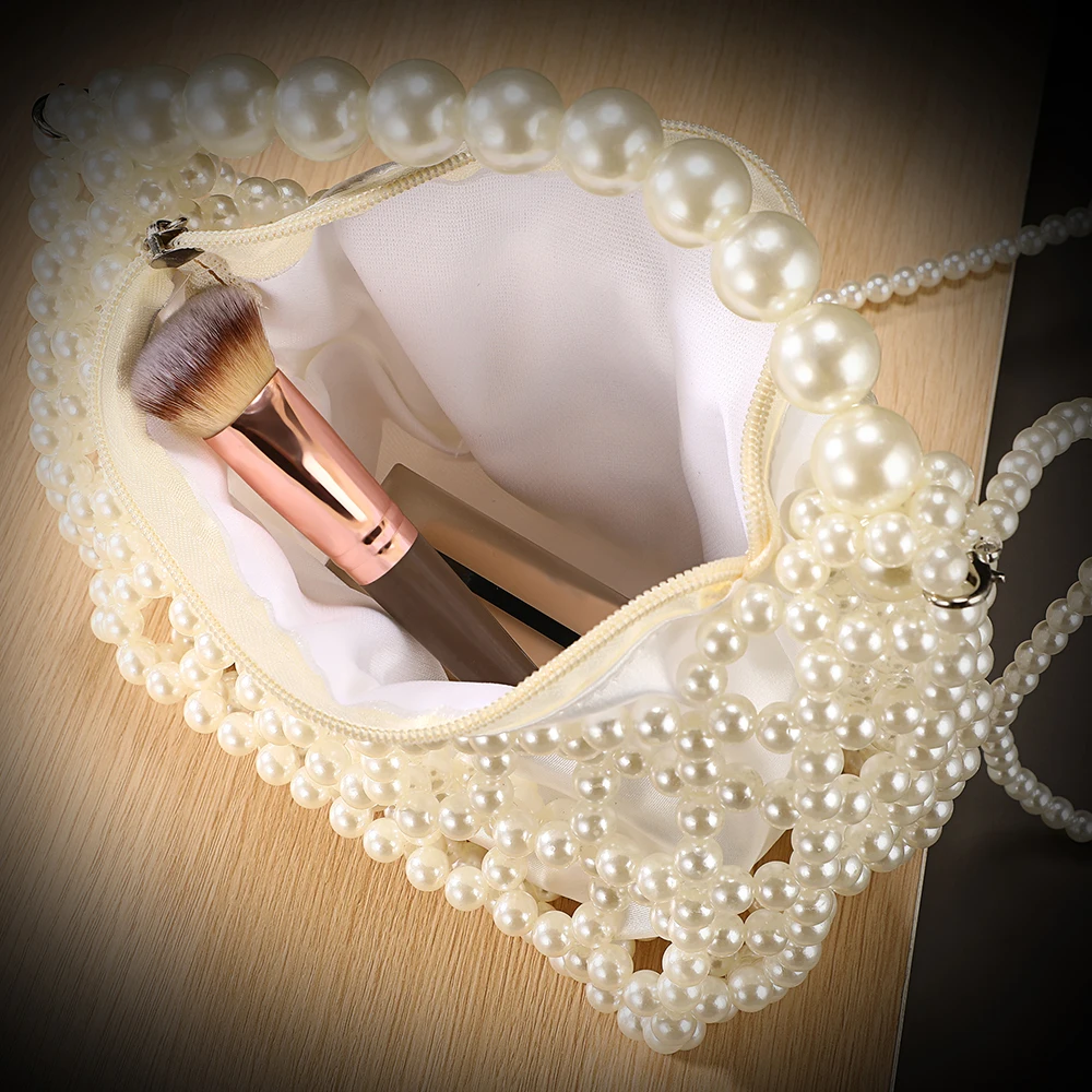 Immagine 6: Nuova borsa da sera per matrimoni e feste con perle intrecciate, delicata borsa per il trucco con catena di perle staccabile e tracolla a spalla.