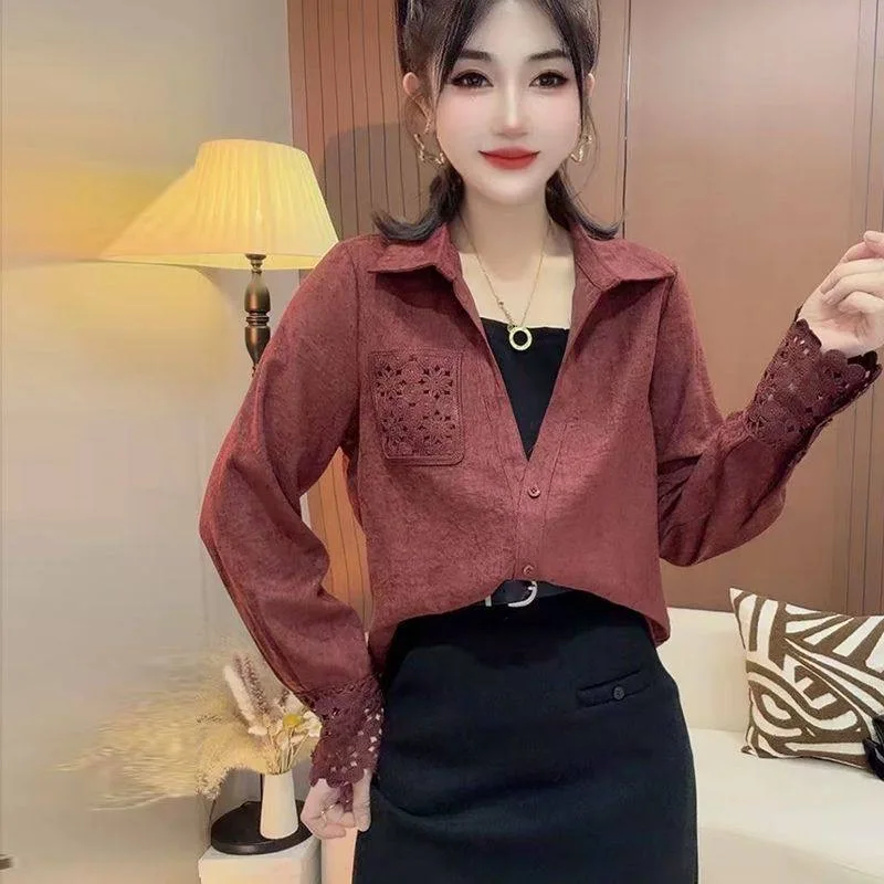 

Ele Lace Patchwork Loose Long Sve Women's irt Spring 2026 Faion Slimming Top Comfortable Breathable Polyester