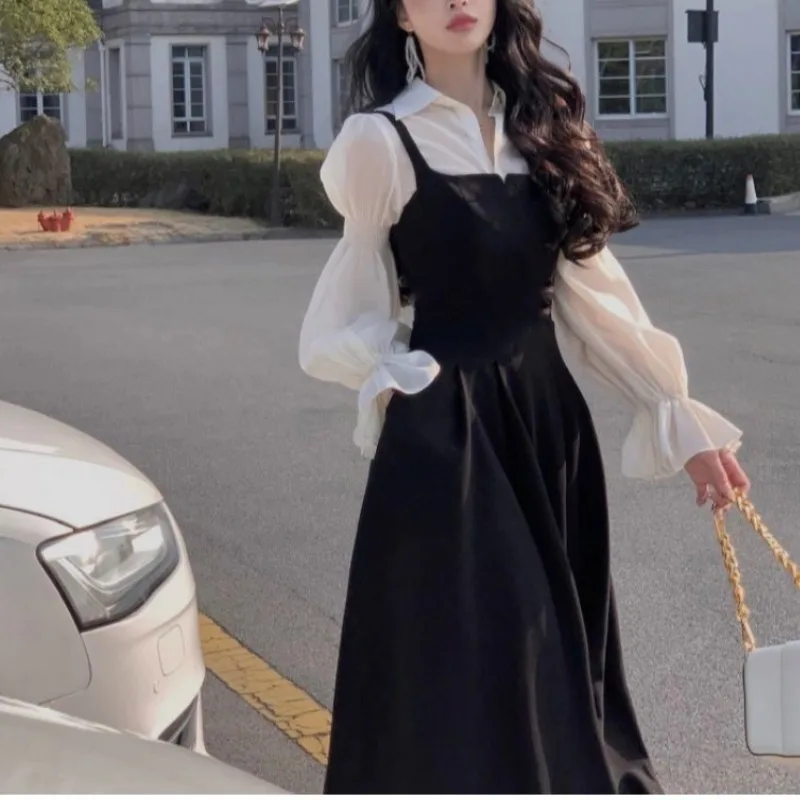 

Летний комплект из 2 предметов, женская элегантная блузка + платье миди на бретельках, офисная женская одежда Y2k, японская модная верхняя одежда, шикарная черная одежда