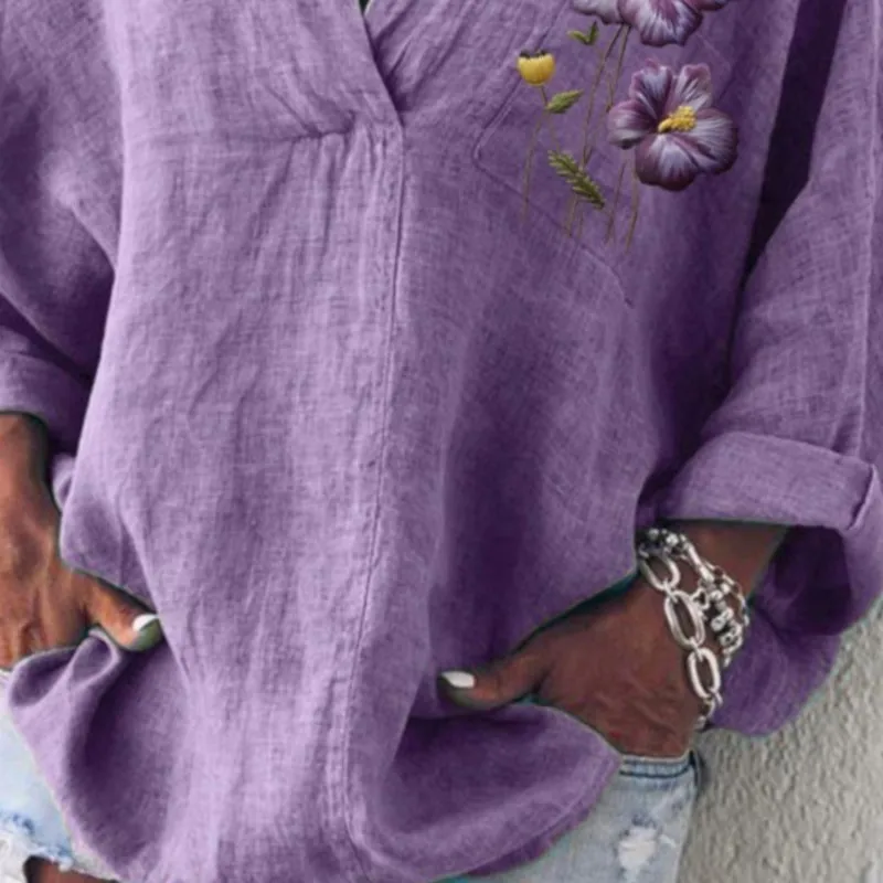 Dames casual los overhemd mode paars v-hals lange mouw trui shirts katoen linnen tops vakantie dameskleding zomer