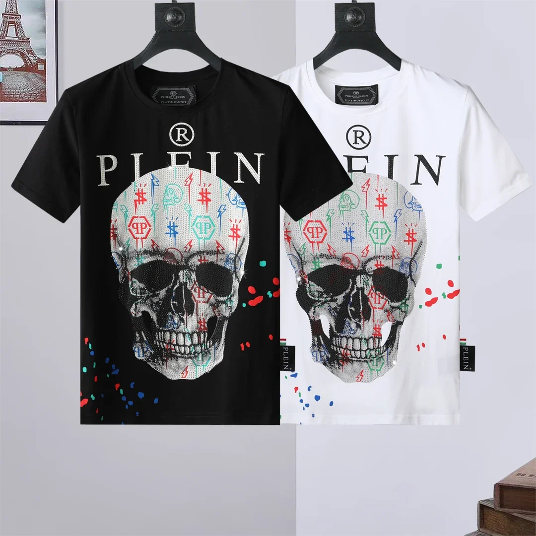 2024 Brand Fashion Design Men T-shirt Hip Hop Rhinestones Shine Short Sleeve Letter Plein Skulls Tees Men's party Tops 3XL