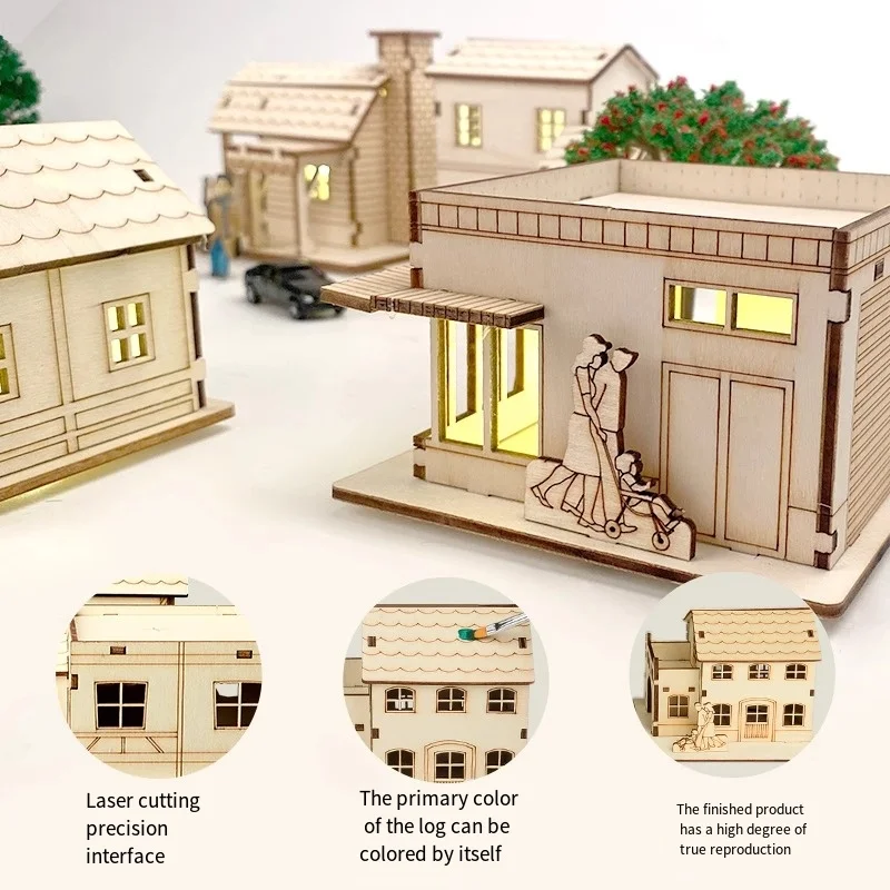 Modello di puzzle in legno 3D Natale LED Luce Casa in legno Cabina luminosa per la decorazione domestica Casa di tronchi Decorazione della finestra regalo fai da te