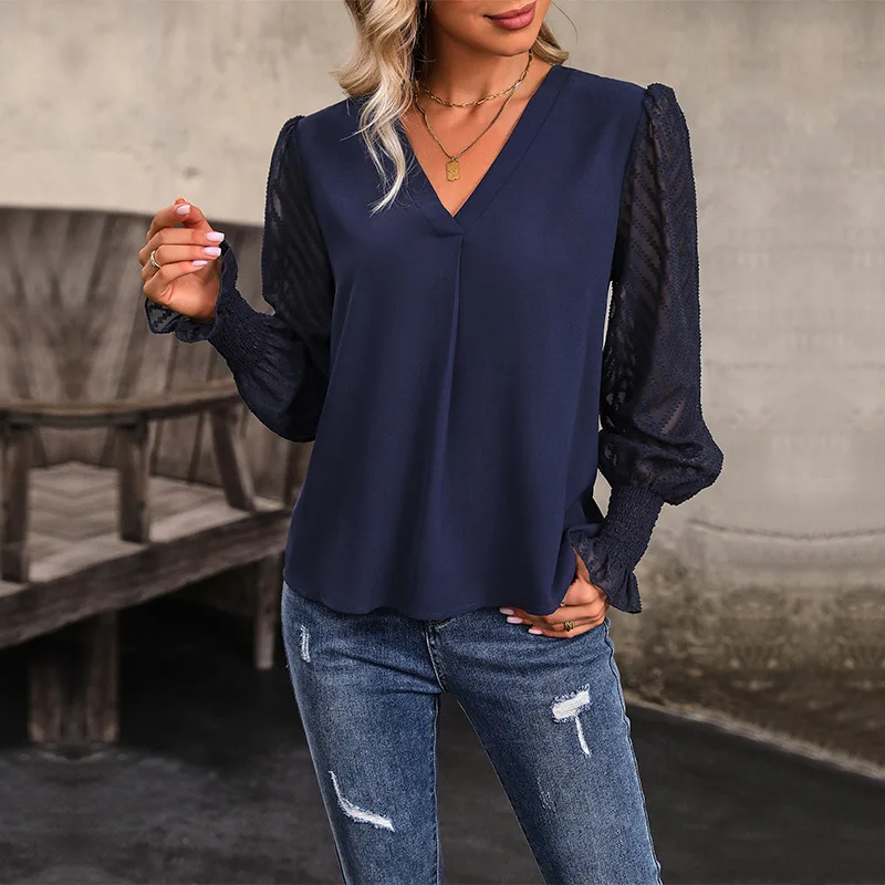 

Trendy Women's Shirt Autumn V-neck Long Sleeve Mesh Patchwork Solid Color Loose Casual Blouse Personality Streetwear Women Tops