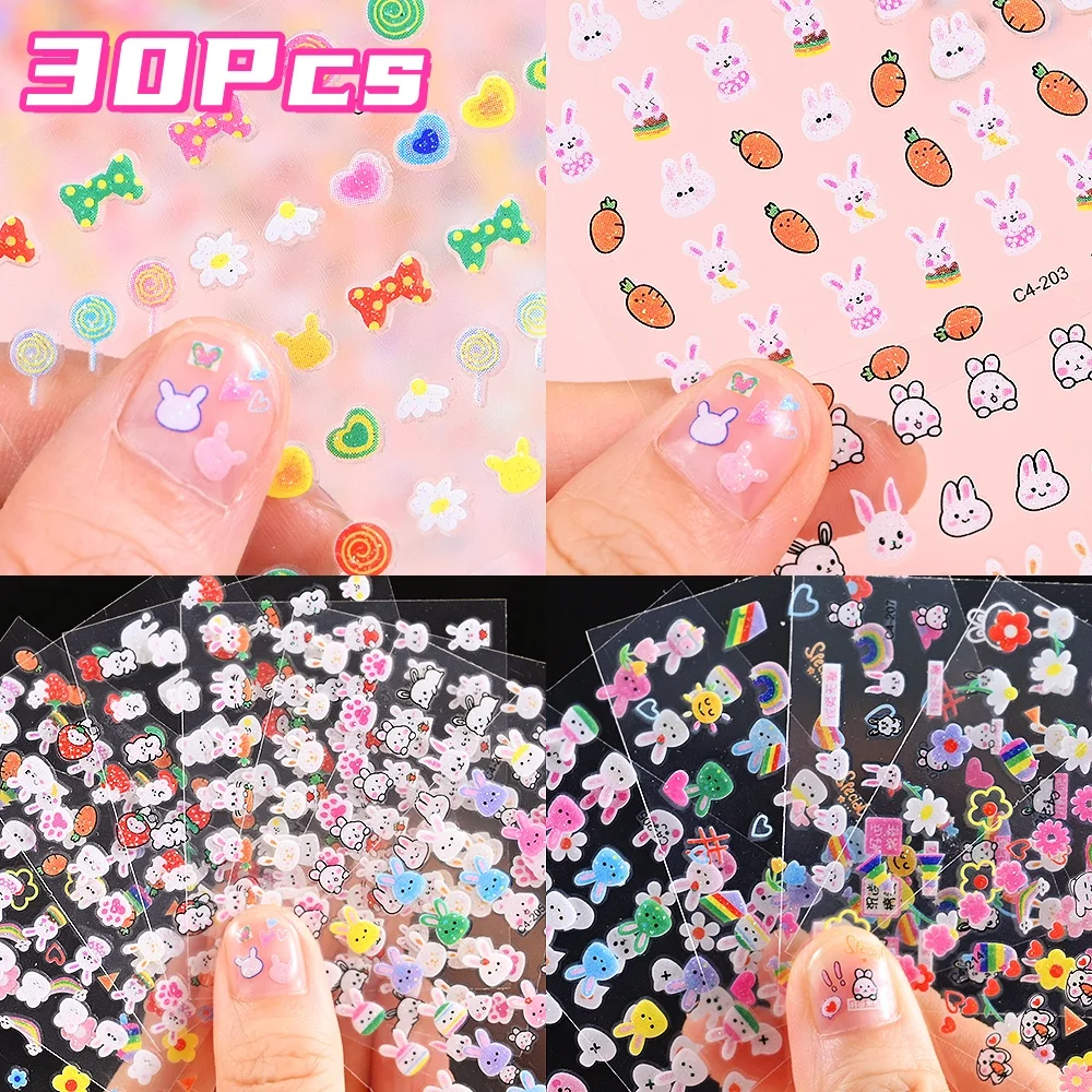 30Pcs Kawaii 3D Glitter Nail Stickers Rainbow Rabbit Cartoon Design For Nail Decals Supplies Lovely NAIL Stickers Press on Nails