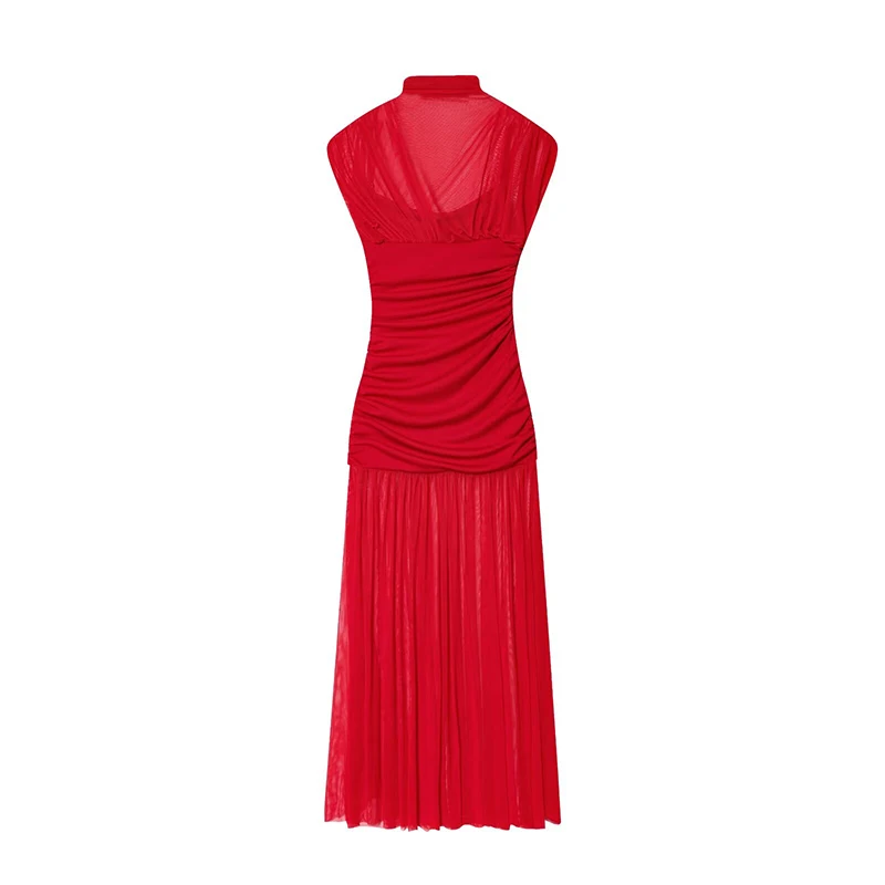YENKYE Rosso Pieghettato Abiti Lunghi Da Sera Del Partito Per Le Donne di Modo Semitrasparente Maglia Patchwork Collo Alto Vestito Sexy Maxi Abiti
