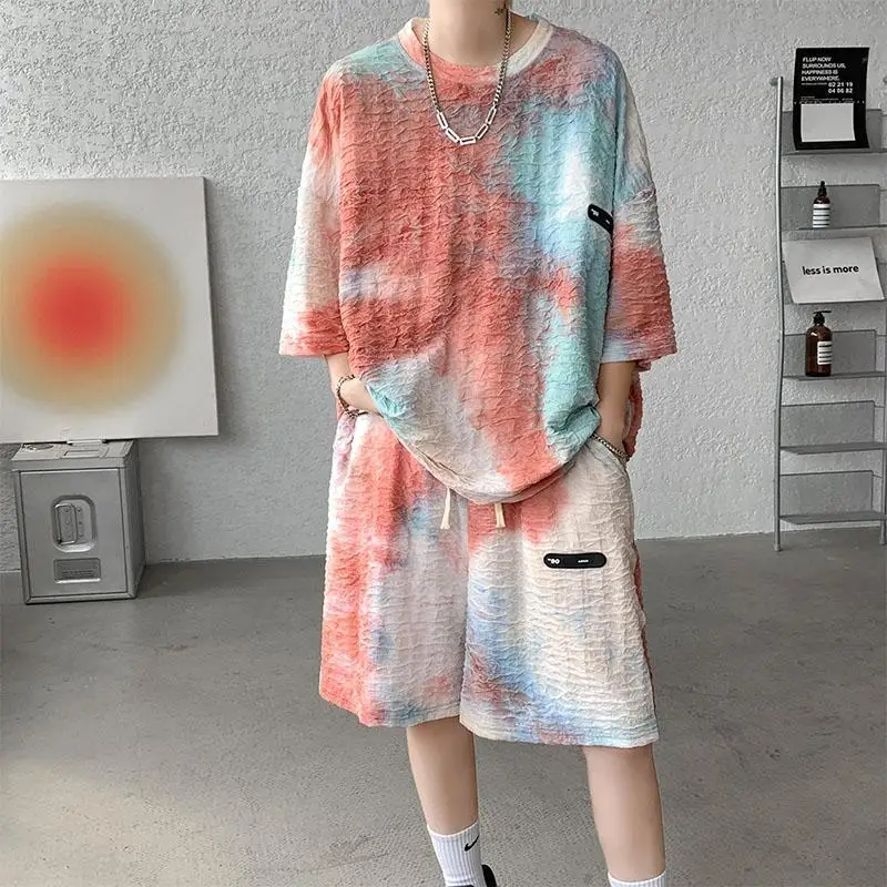 

Contrast Tie-dye Suit for Men's Summer O-neck Short Sleeves T-shirts with Casual Elastic Shorts Loose Sports Two-piece Set
