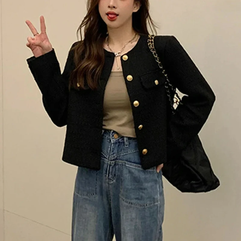 Cropped Tweed Jacket Women Vintage Aesthetic Korean Fashion Harajuku Chic-Elegant Jackets Autumn Winter Cardigan Coat