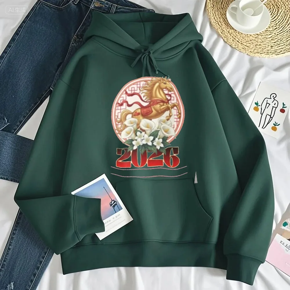 Chinese New Year Sweatshirt 2026 Year of The Horse Hoodie Happy New Year 2026 Sportswear Simple Style Women Sweatshirt