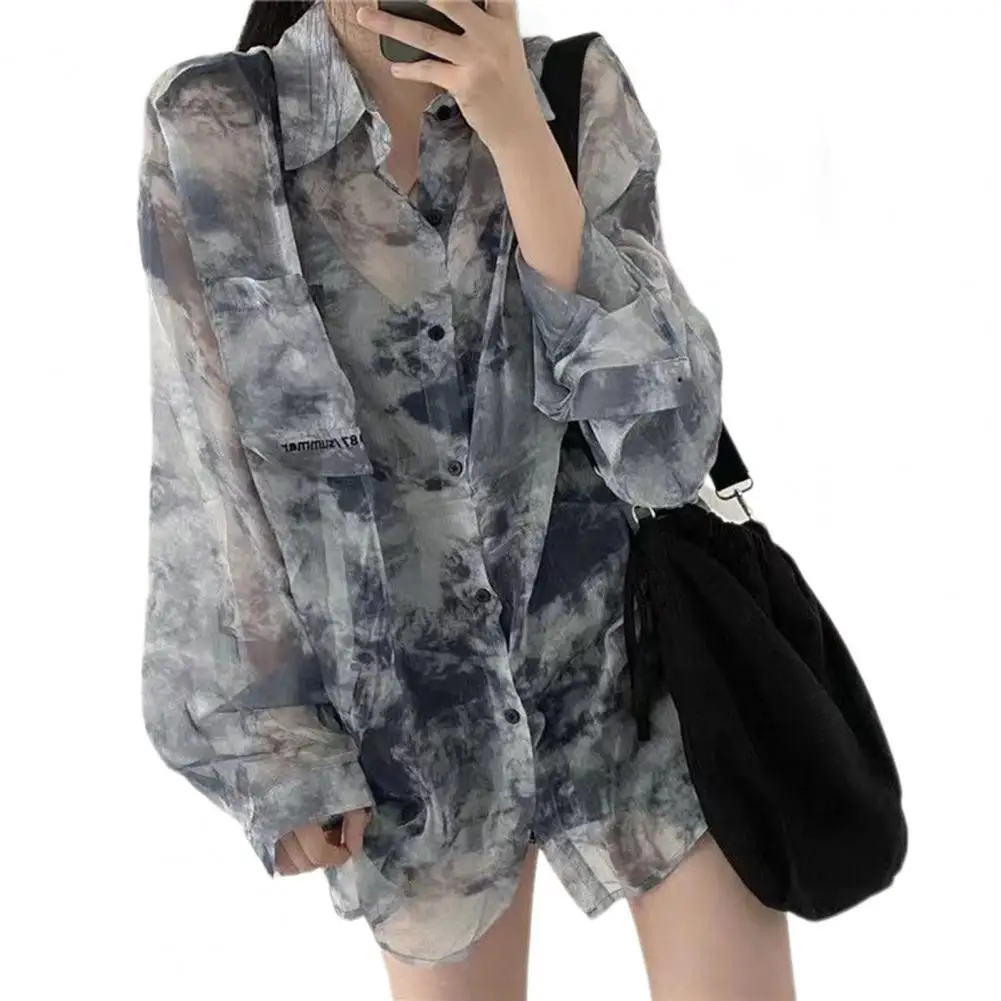 

Chiffon Top Tie-dye Print Chiffon Shirt Coat Stylish Long Sleeve Sun Protection Top for Women Loose Fit Single Breasted Summer