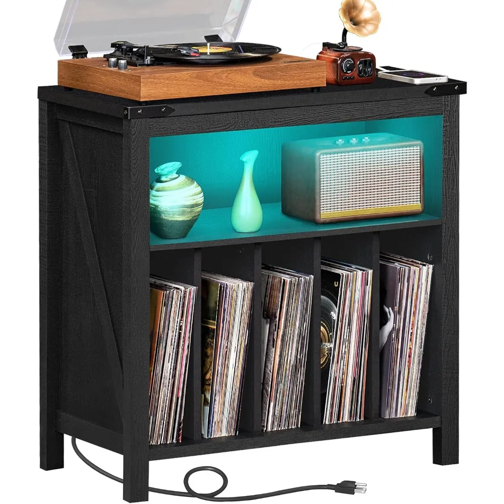 

Large Record Player Stand with Charging Station & LED Lights, Vinyl Records Storage Holder Cabinet Holds up to 230 Albums, Turnt