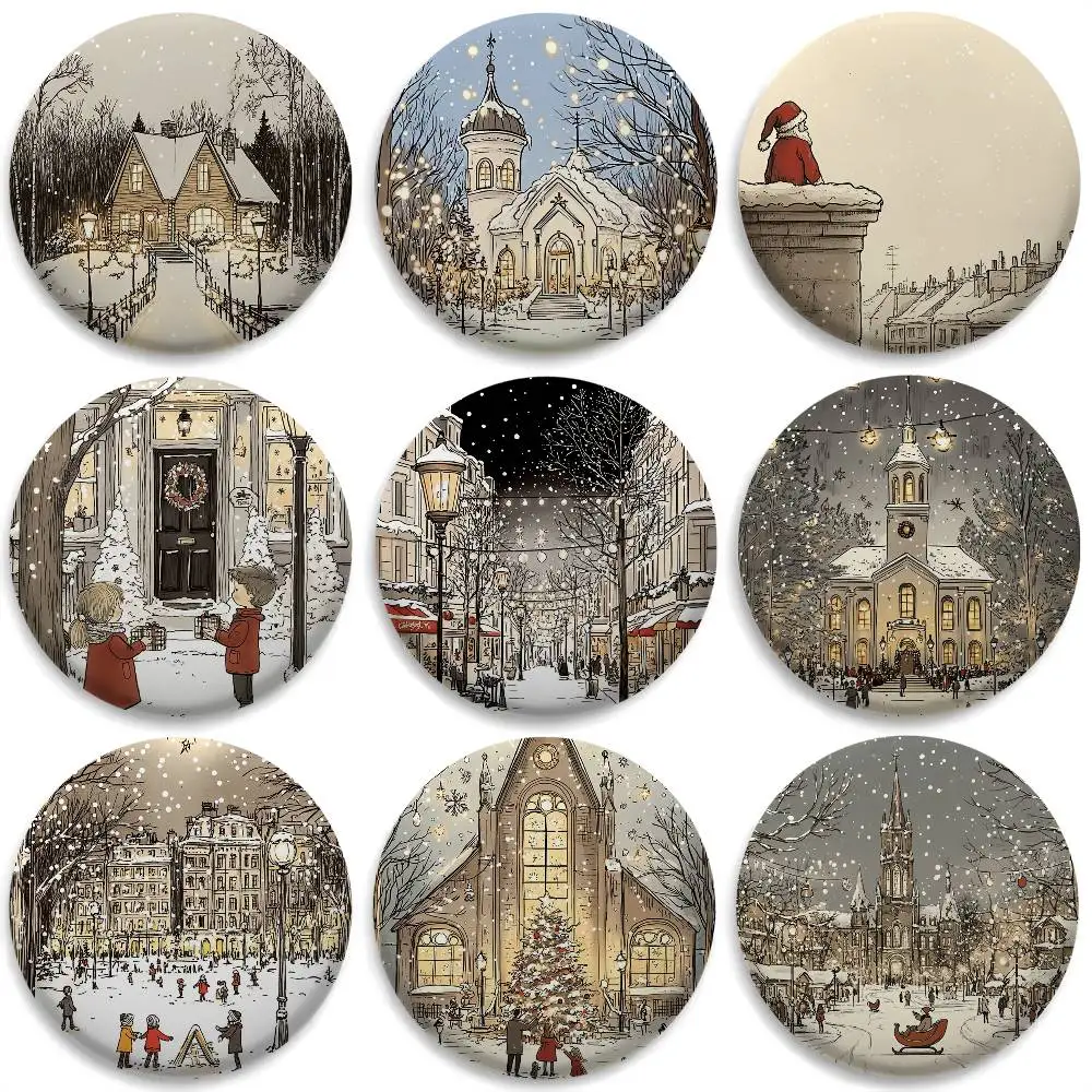 

Cozy Christmas Winter Scenes Badges Round Exquisite Badge Brooches Creative Pins For Clothes Hat Backpack Gift Accessories