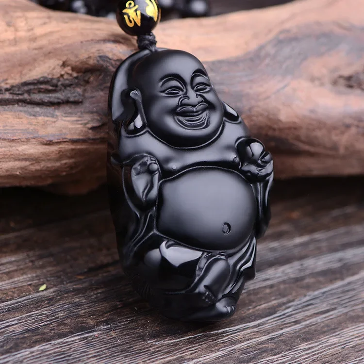 

Natural Obsidian Buddha Pendant Necklace Charm Jewellery Fashion Hand-Carved Amulet Man Luck Gifts Sweater Chain