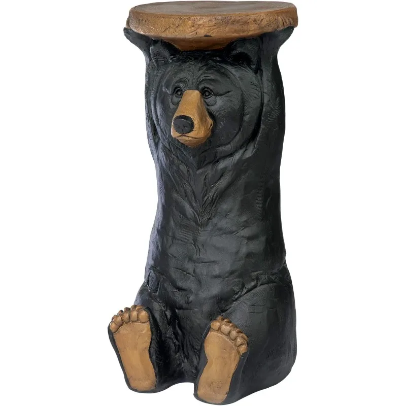 Forest Pedestal Table Rustic Cabin Decor, 24 Inches High, Handcast Polyresin, Black Bear Finish