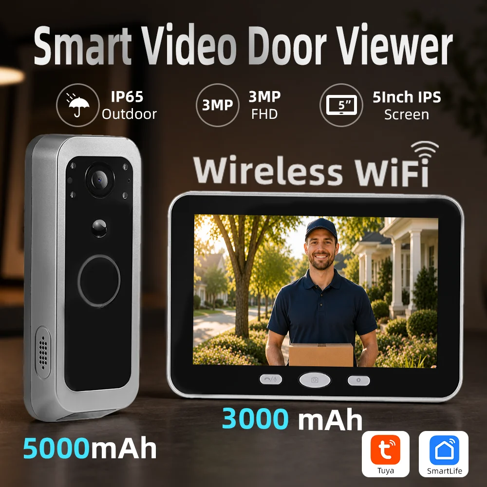 Tuya Smart Wireless Doorbell Camera Outdoor WiFi Audio Video Door Phone Intercom System 1080P 5'' Monitor Screen No Monthly Fees