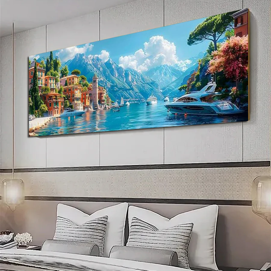Diy Diamond Art Painting Extra Large Size Seaside Houses Cruise Ship Scenery Full Drill Landscape Mosaic Embroidery Picture