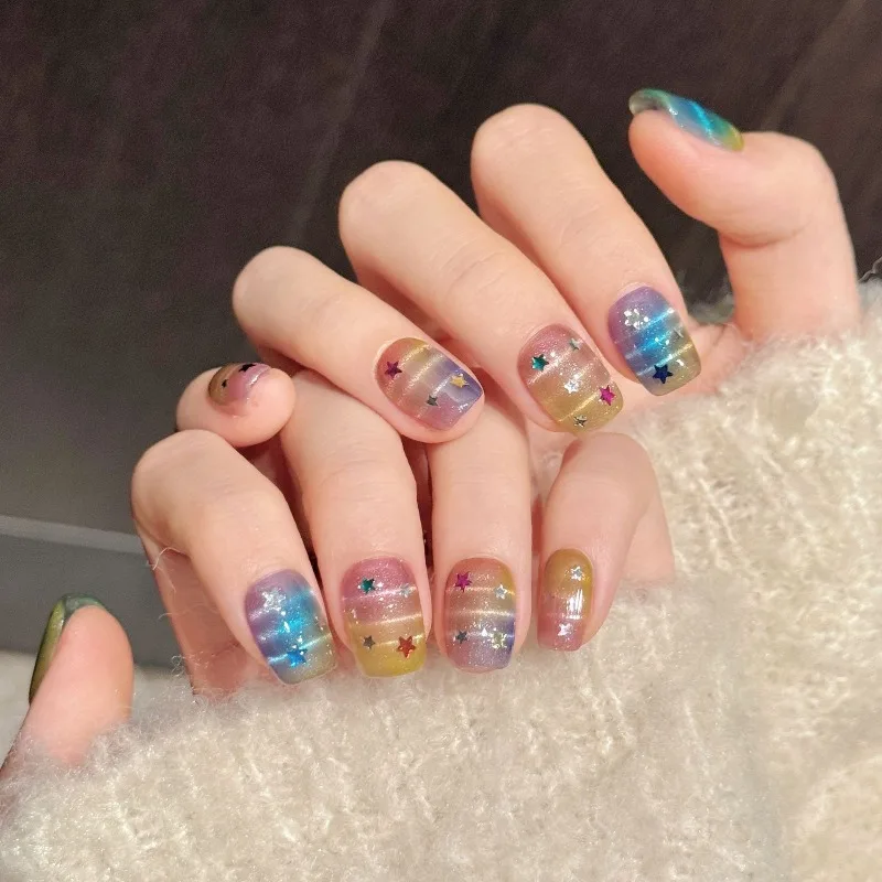 

10pcs Handmade Rainbow Gradient Star-glitter Fantasy Square Cat-eye Press-on Nails—perfect As A Gift for Girls and Friends