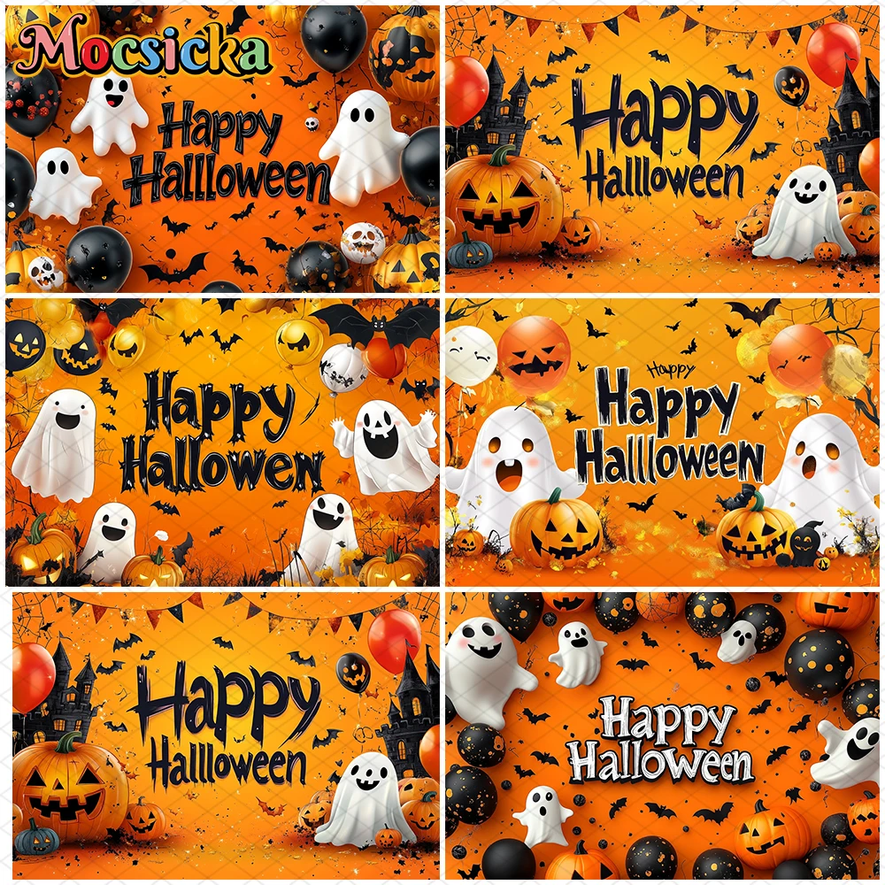 

Mocsicka Happy Halloween Backdrop Bat Demon Balloons Pumpkin Party Decorations Children Photo Orange Banner Background Photocall
