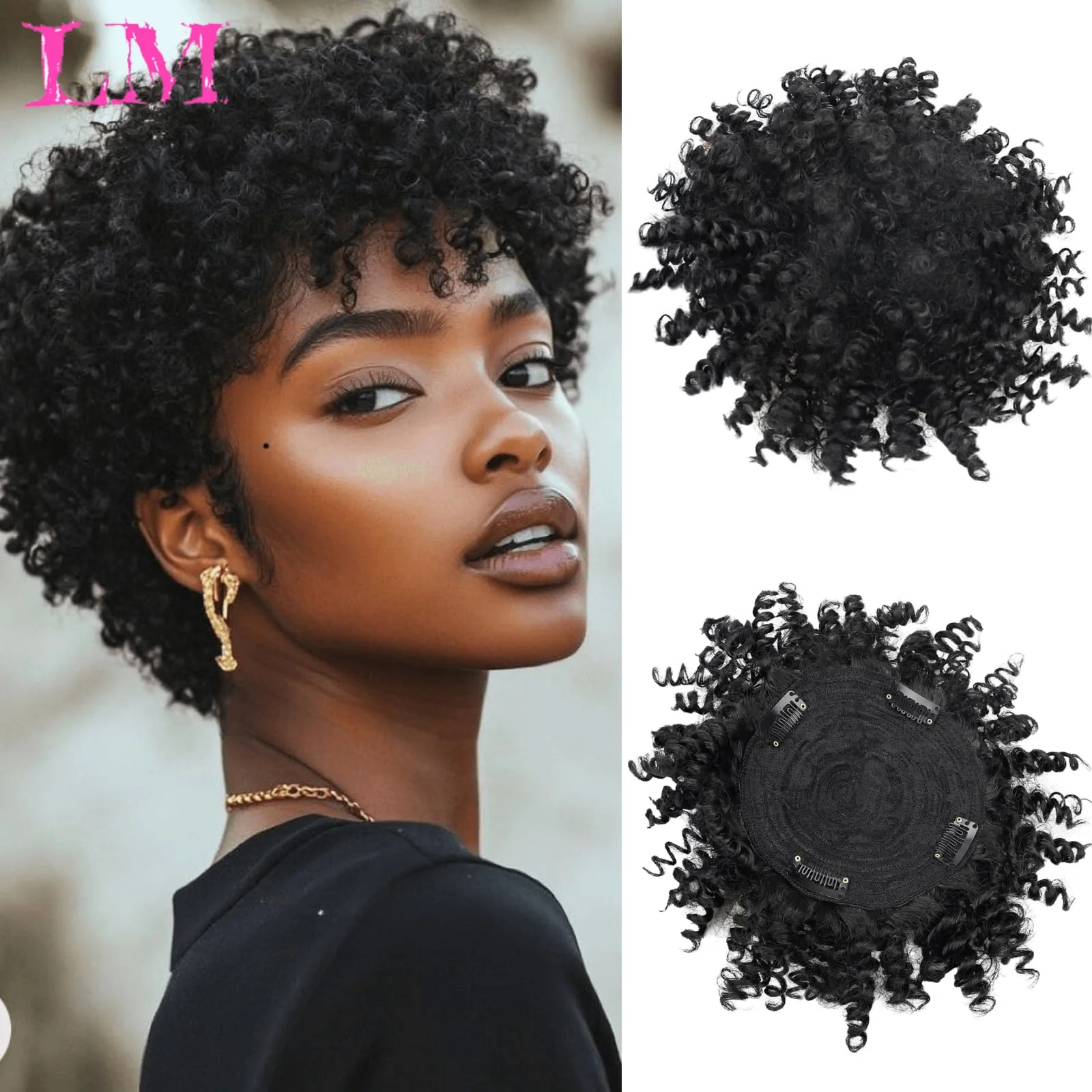 LM Synthetic Black Mini Afro Kinky Curly Clip In Hair Topper Short Coily Top Hairpiece For African American Women Daily Styling