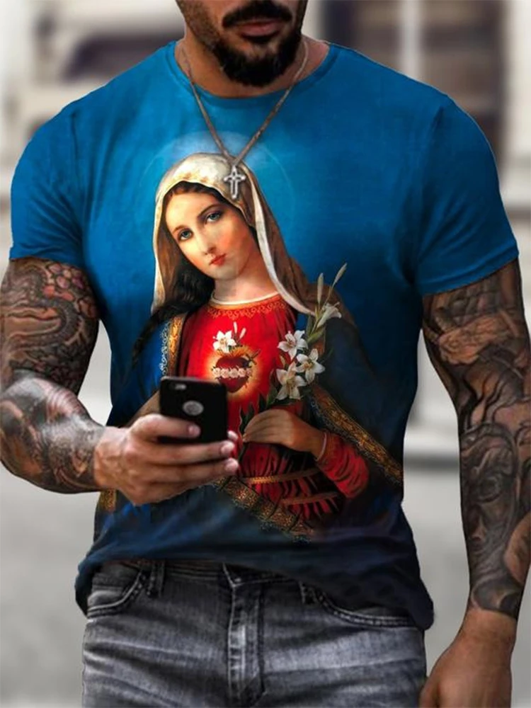 2024 New Summer Men\'s T Shirts Casual European American Street Tshirts Jesus 3D Printed Fashion Looose Men Short Sleeved T-shirt