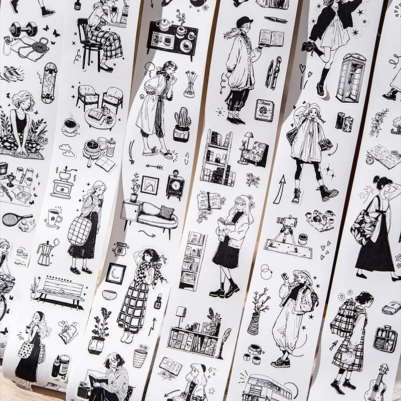 Mr. Paper Character Pattern Tape 1 roll black white girl daily life silhouette cutting tape family ledger record life Decoration