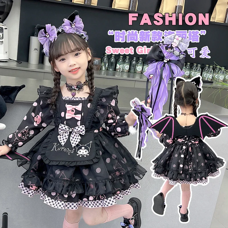 Sanrio Girls' Kuromi Dress 2024 Autumn New Product Halloween Cosplay Performance Dress Foreign Trade Lolita Princess Dress