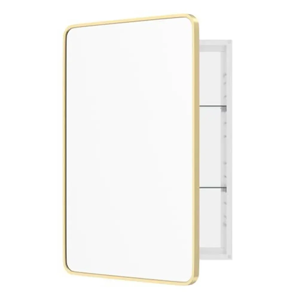 Aluminum Bathroom Medicine Cabinet 24x36 Inch Gold Mirror Recessed Round Corner HD Silver Reflection Adjustable Shelves Wall