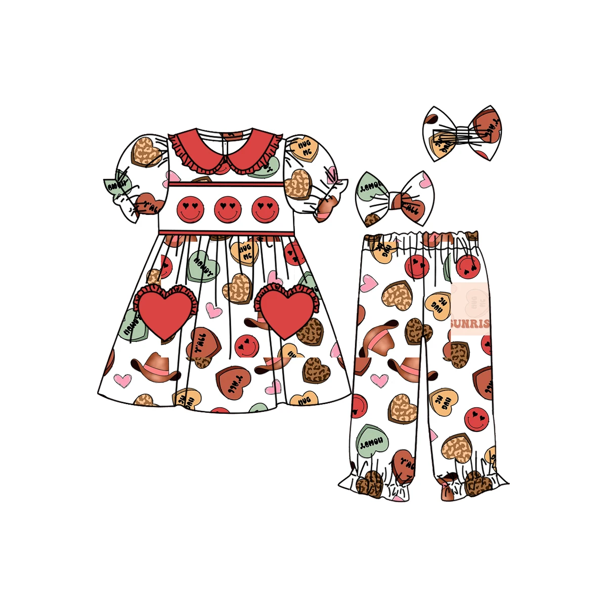 

Boutique Casual Girl Cherry Print Outfit Heart Pocket Ruffle Sleeve Dress Pants Set Valentine's Day Pajamas